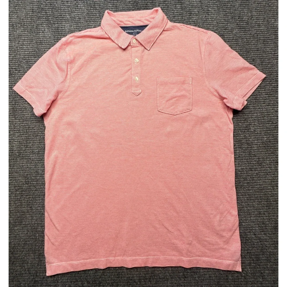 Banana Republic Polo Shirt Men Large Coral Reef Organic Cotton Pique Mini Stripe